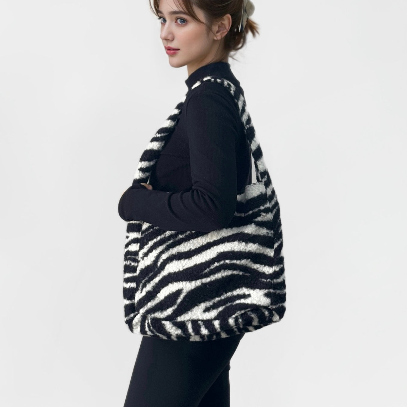 Borsa tote in tweed con stampa zebra