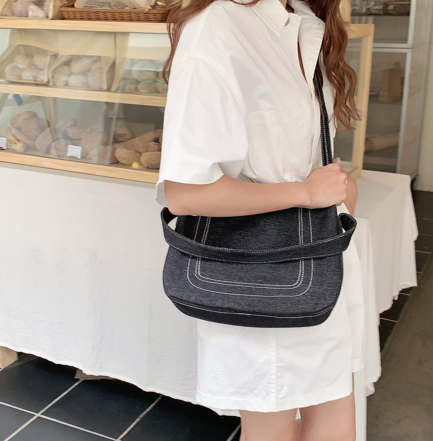 Embossed Denim Shoulder Bag