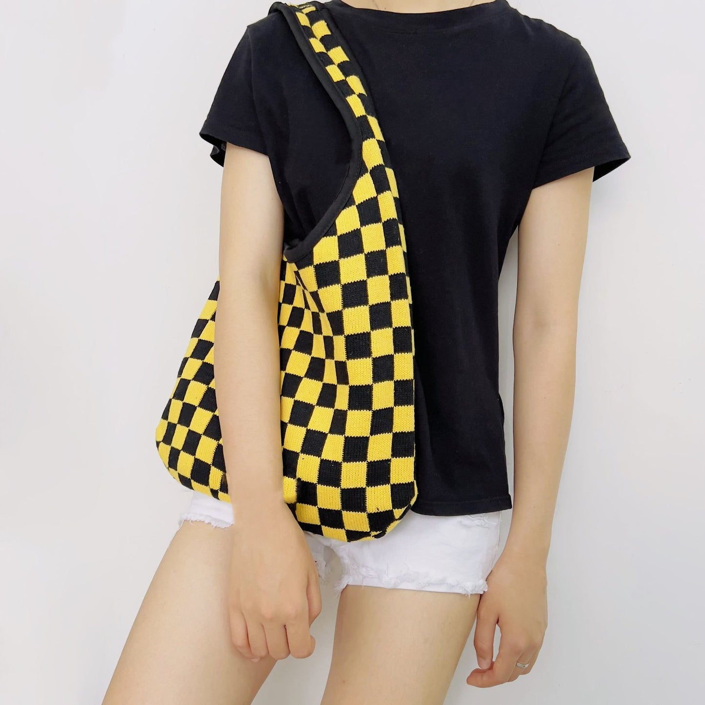 Checkered Knitted Shoulder Bag