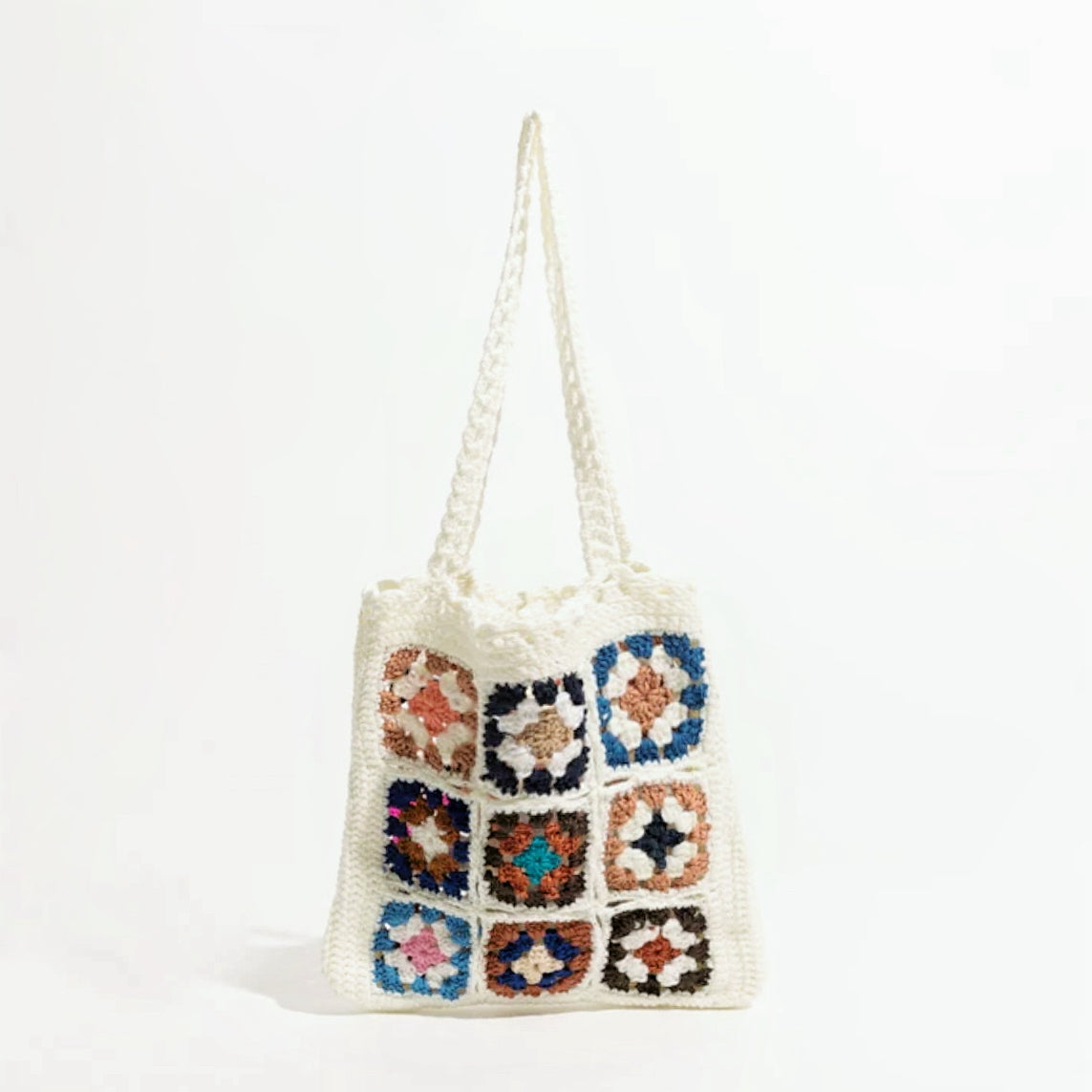 Front view of Handmade Crochet Flower Grid Shoulder Bag in white, ideal for errands and gifting.