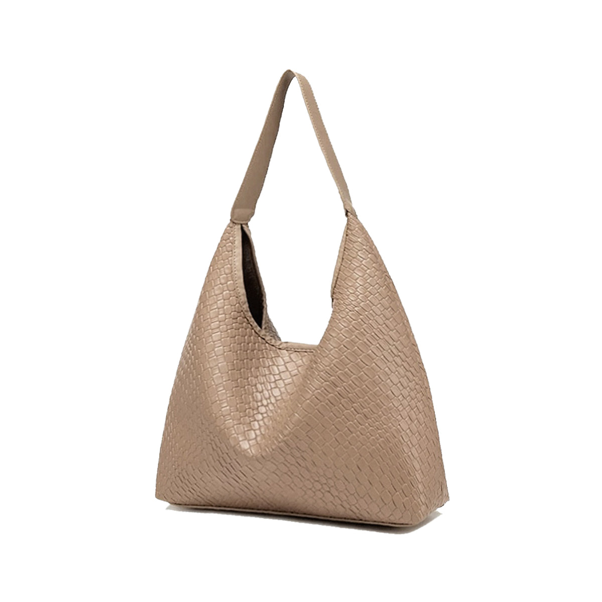 Front view of the khaki pebble-textured shoulder bag.