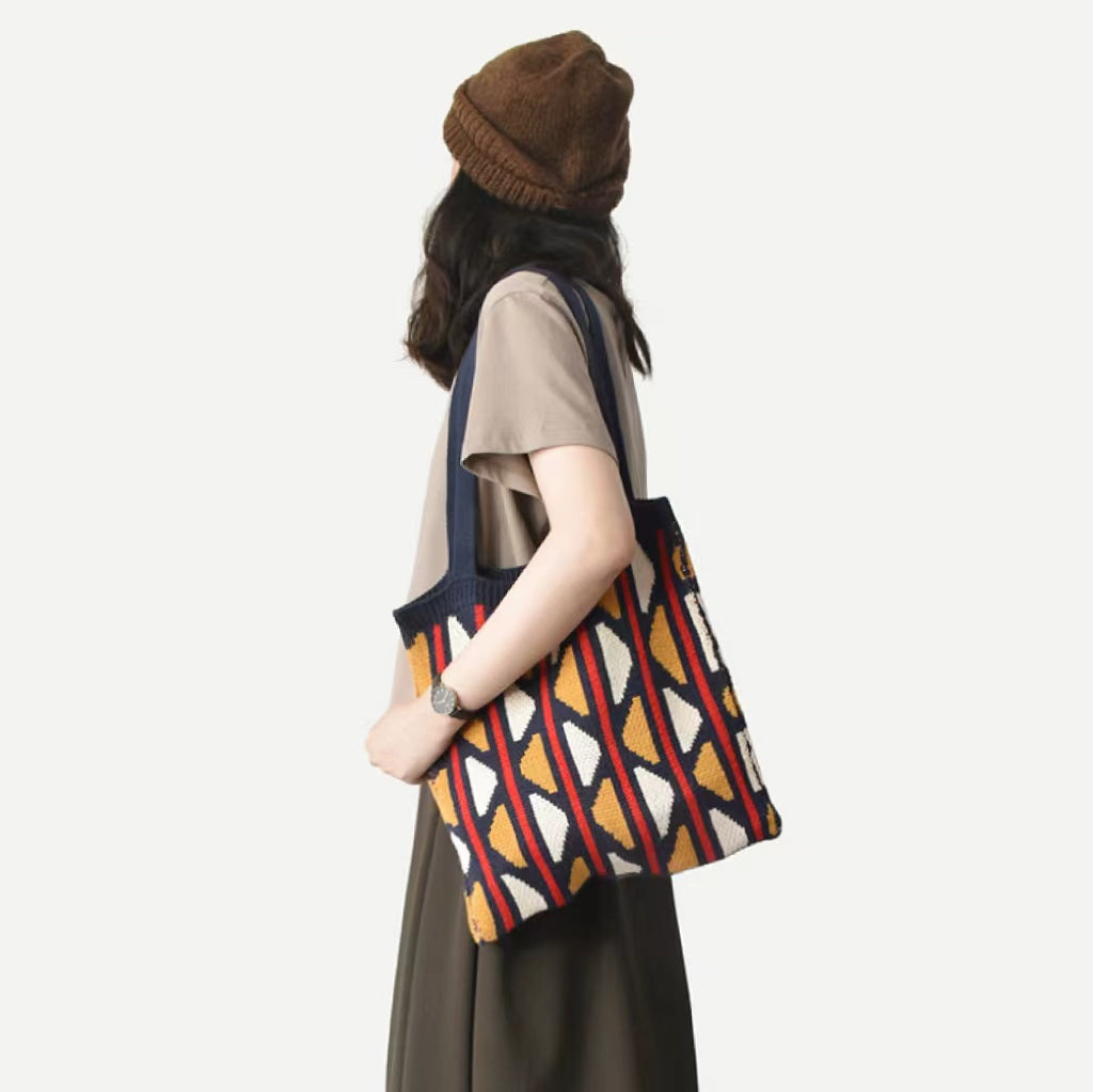 Borsa tote lavorata a maglia con colori a contrasto geometrici
