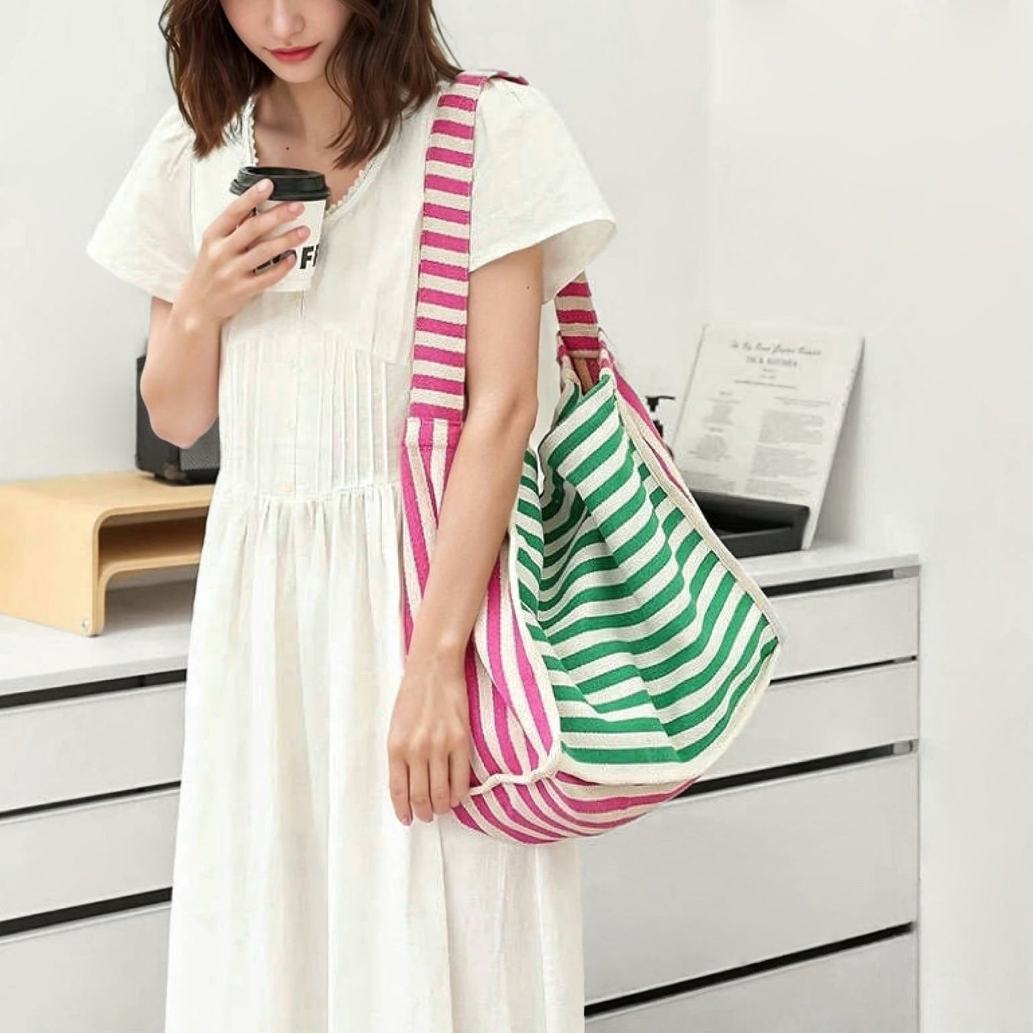 Borsa tote in tela a righe Zesty