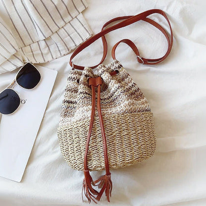 Bohemian Woven Straw Bucket Bag