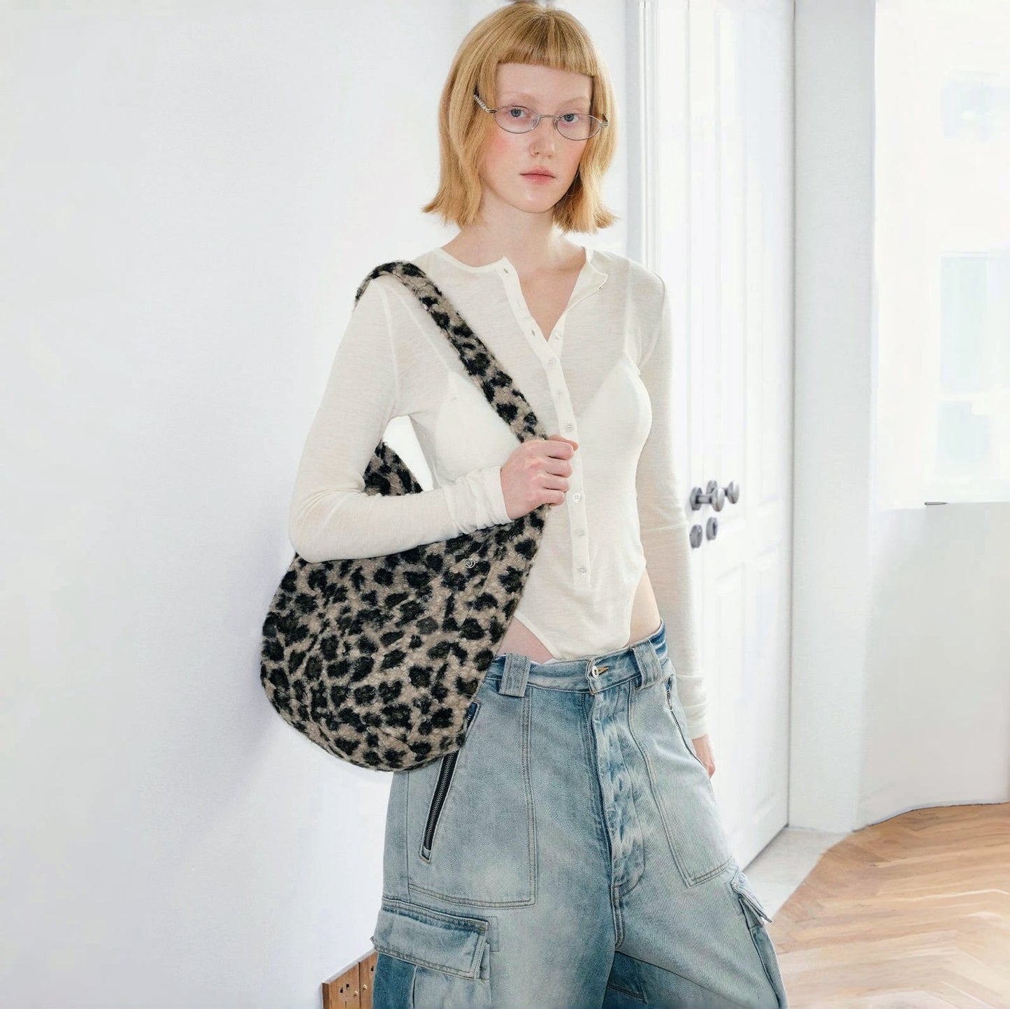 Borsa tote in tweed con stampa leopardata