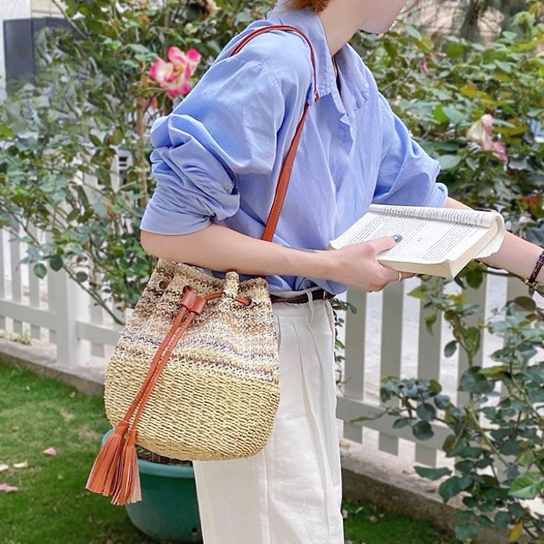 Bohemian Woven Straw Bucket Bag