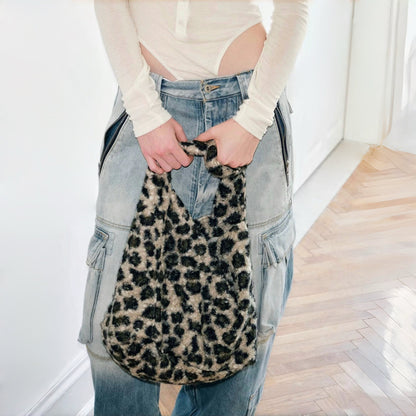 Borsa tote in tweed con stampa leopardata