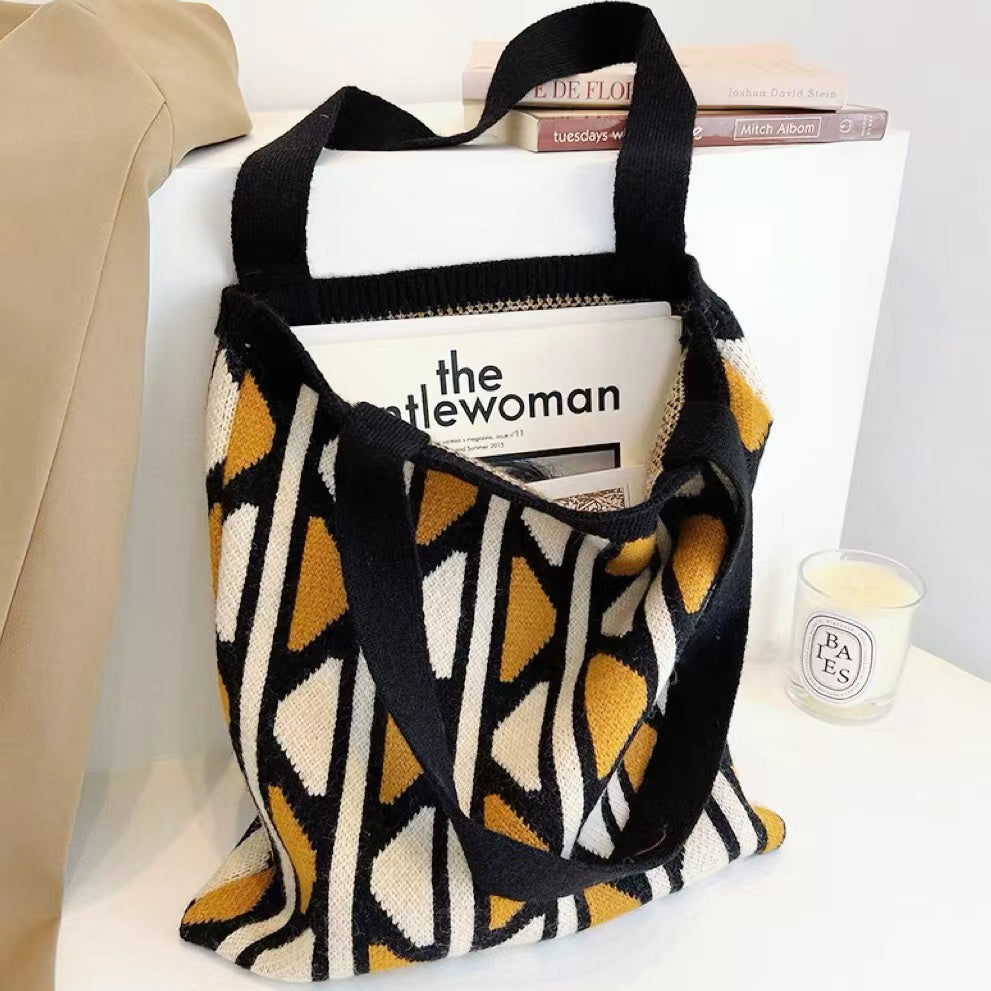 Borsa tote lavorata a maglia con colori a contrasto geometrici