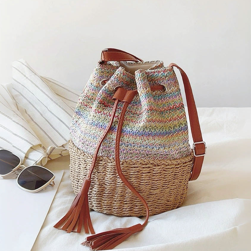 Bohemian Woven Straw Bucket Bag