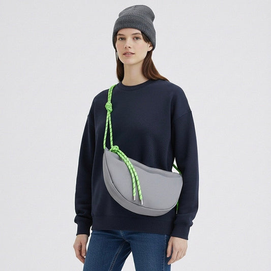 Knotted Nylon Crescent Sling Bag In Grey