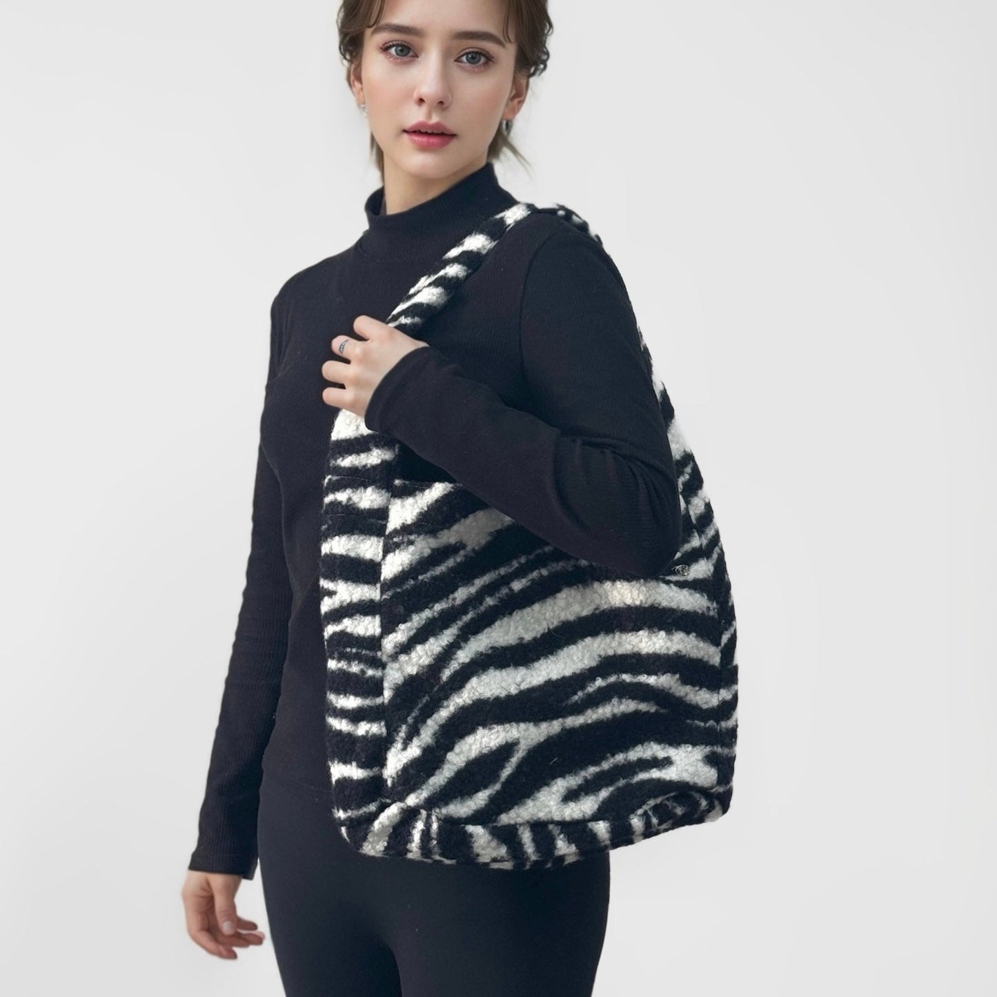 Borsa tote in tweed con stampa zebra