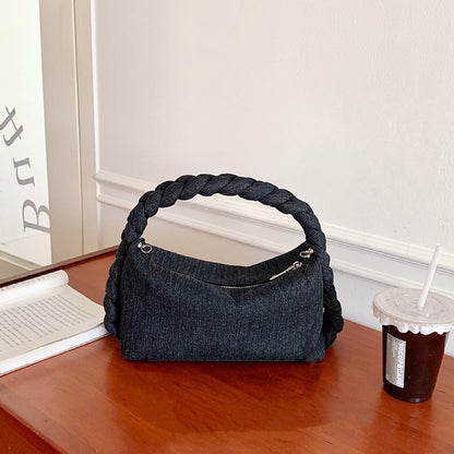 Front view of Braided Handle Denim Handbag in black, ideal for errands and gifting.