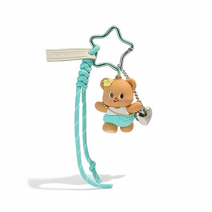 Folded view of Butter Bear Bag Charm withe turquoise rope and star keyring, easy to attach to bags and phones.