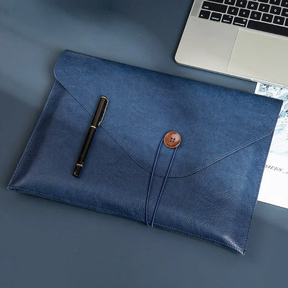 Folded view of Buttoned Leather File Folder bag in blue, ideal for errands and gifting.