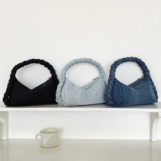 Borsa a mano in denim con manico intrecciato