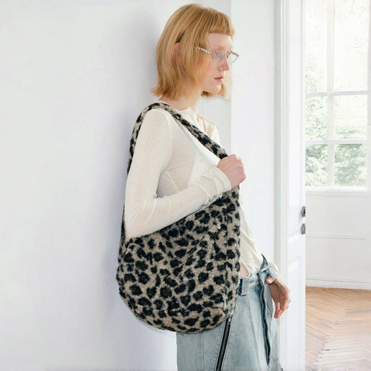 Borsa tote in tweed con stampa leopardata