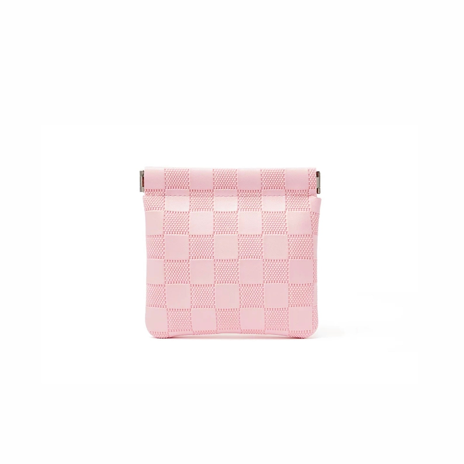Pink checkered self-closing storage bag, front view; woven checker pouch for toiletries and daily organization.