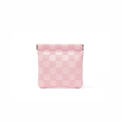 Pink checkered self-closing storage bag, front view; woven checker pouch for toiletries and daily organization.