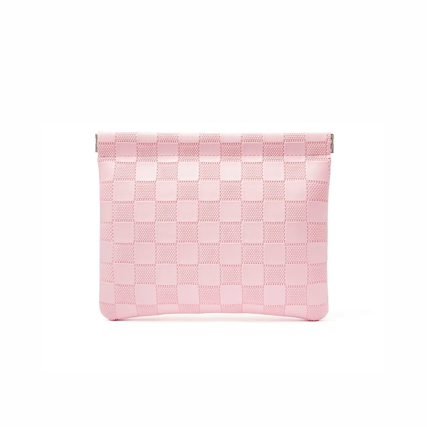Pink checkered self-closing storage bag, wide size; soft woven pouch for organizing cosmetics and accessories.