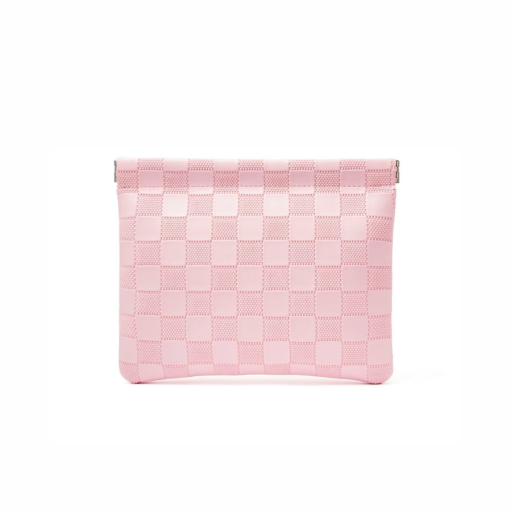 Pink checkered self-closing storage bag, wide size; soft woven pouch for organizing cosmetics and accessories.