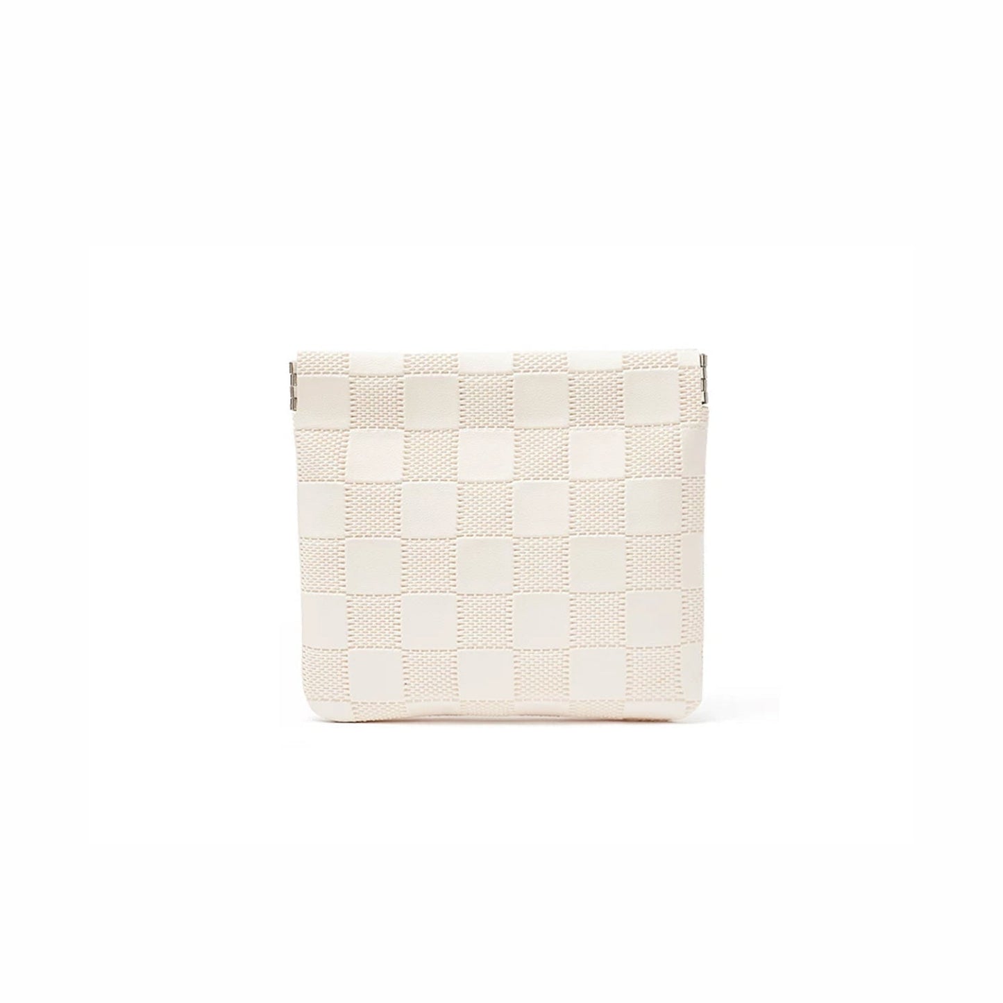 White checkered self-closing storage bag, front view; woven checker pouch for cosmetics and small essentials.