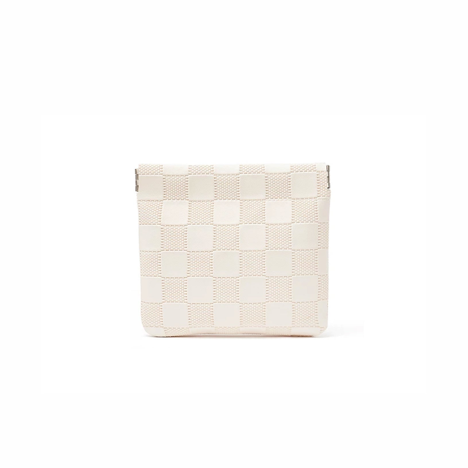 White checkered self-closing storage bag, front view; woven checker pouch for cosmetics and small essentials.