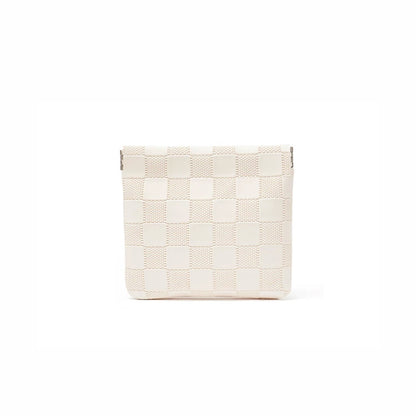 White checkered self-closing storage bag, front view; woven checker pouch for cosmetics and small essentials.