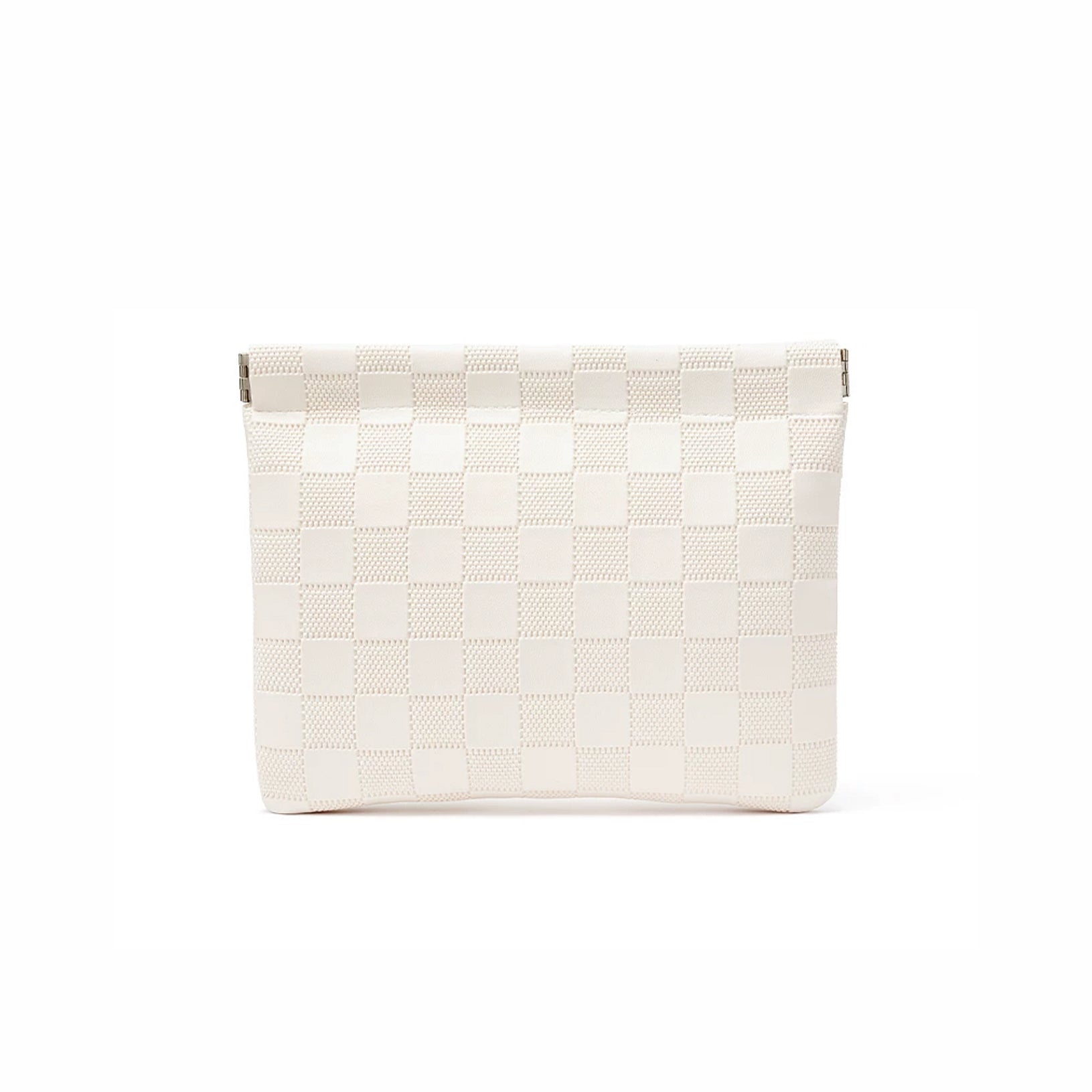 White checkered self-closing storage bag, wide size; soft woven pouch for travel packing and makeup.