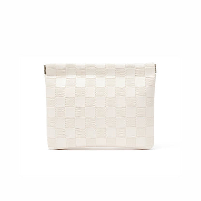 White checkered self-closing storage bag, wide size; soft woven pouch for travel packing and makeup.