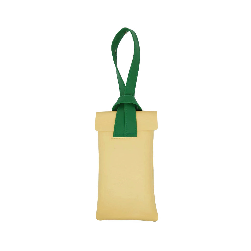 Yellow pouch with a green wristlet, bright aesthetic ideal for quick identification in a cluttered travel bag.