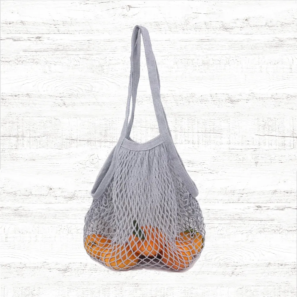 Front view of Colorful Net Shopper Bag in gray, ideal for errands and gifting.