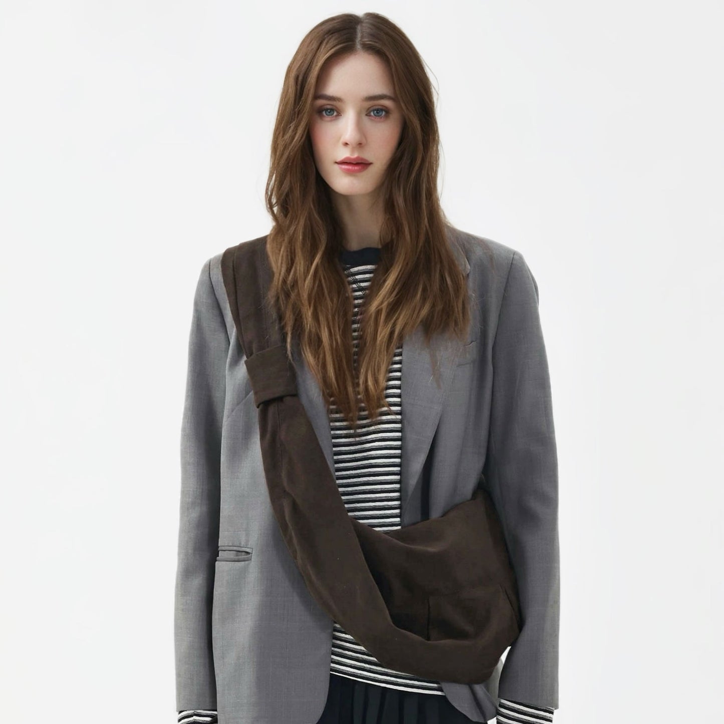 Model wearing the dark brown corduroy crescent bag as a crossbody.