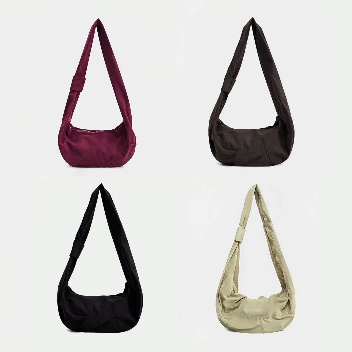Four-color grid of the corduroy crescent bag in burgundy, brown, black, and tan.