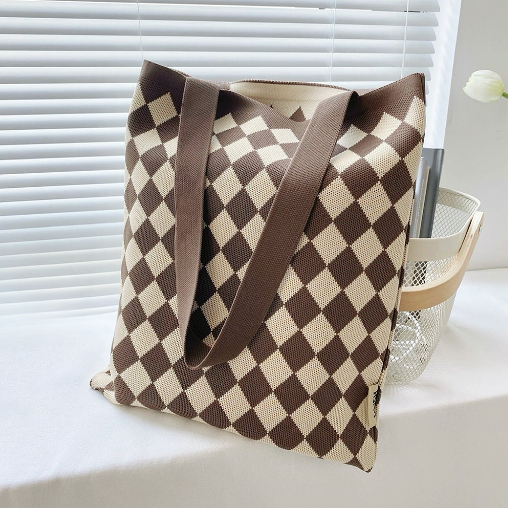 Folded view of Diamond Knitted Tote Bag in brown, easy for commuting and weekends.