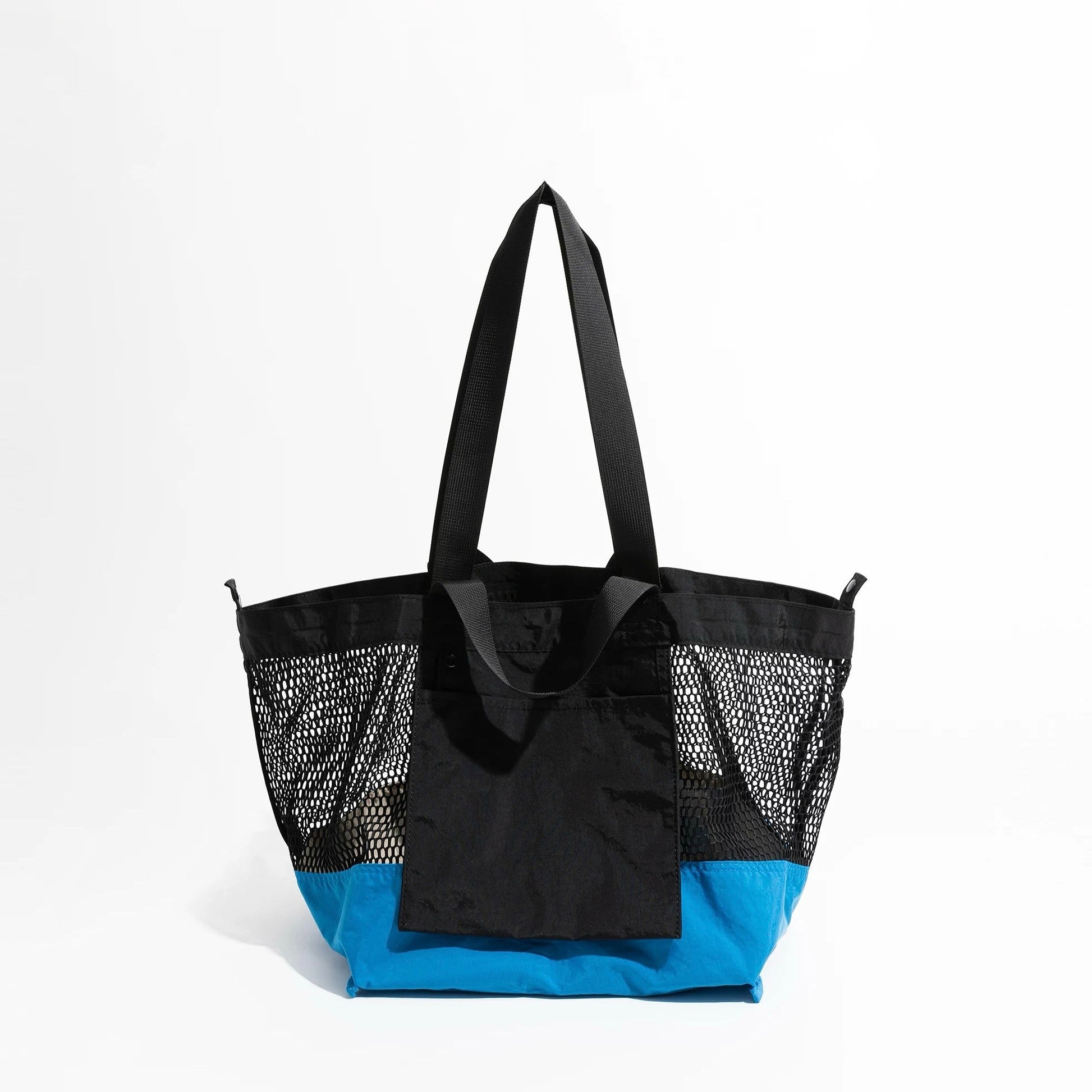 Front shot of the black and blue double-sided tote bag for a minimalist look.