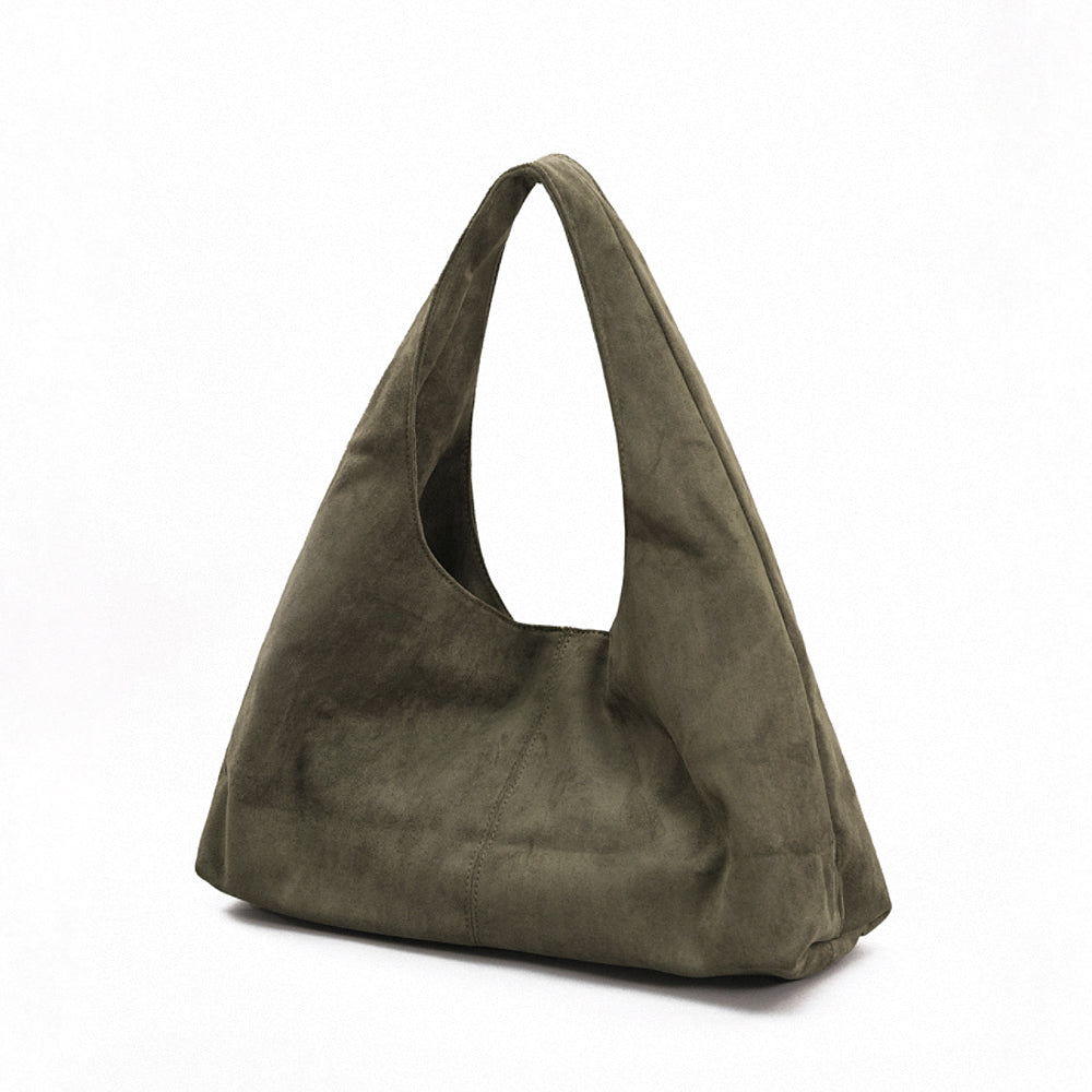 Minimalist front view of the olive green vegan suede shoulder bag.
