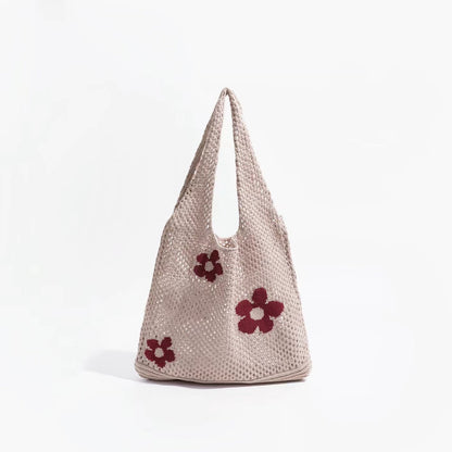 Front view of Flowers Crochet Shoulder Bag in khaki, ideal for errands and gifting.