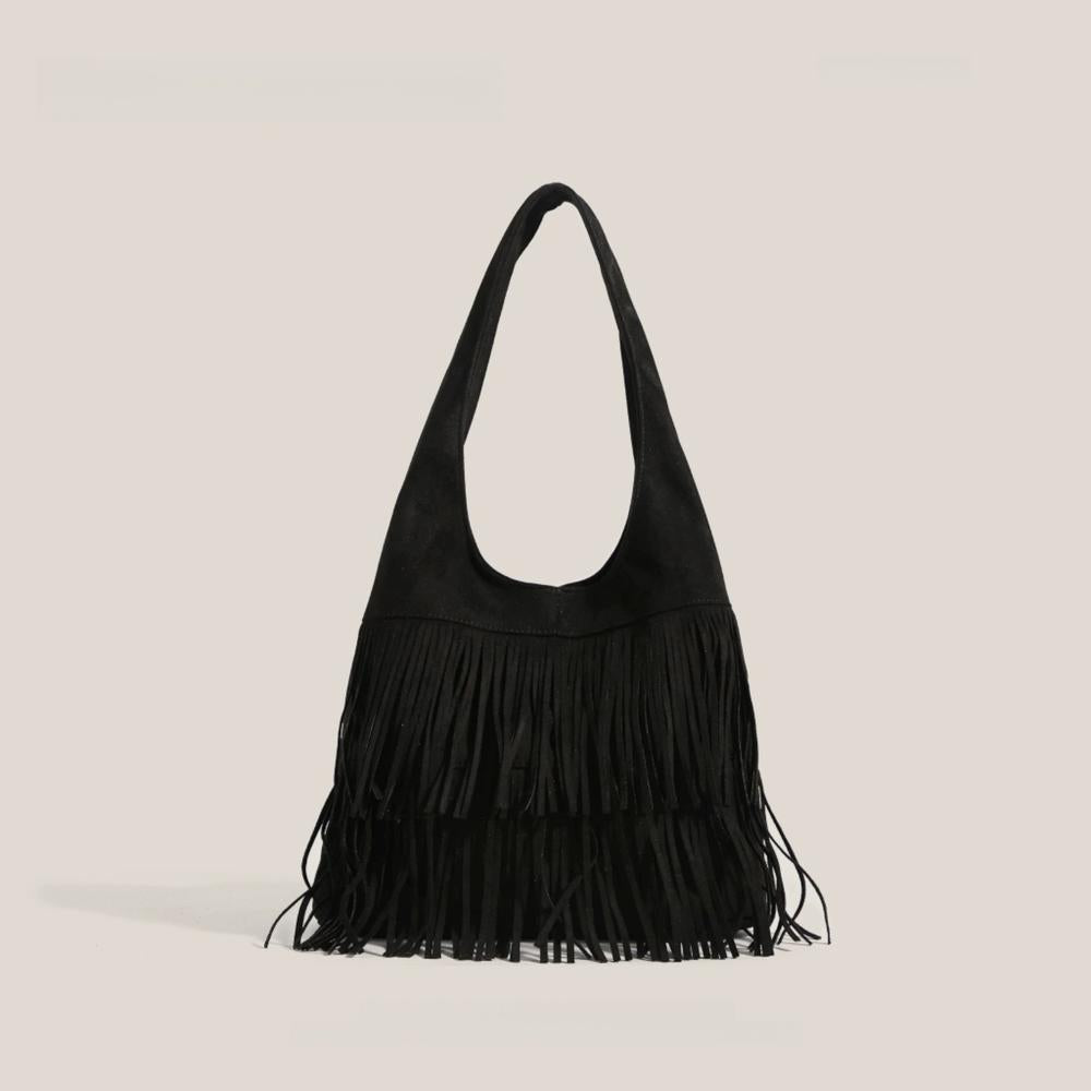 Classic black fringe suede hobo bag with a soft-touch finish and artisanal look.