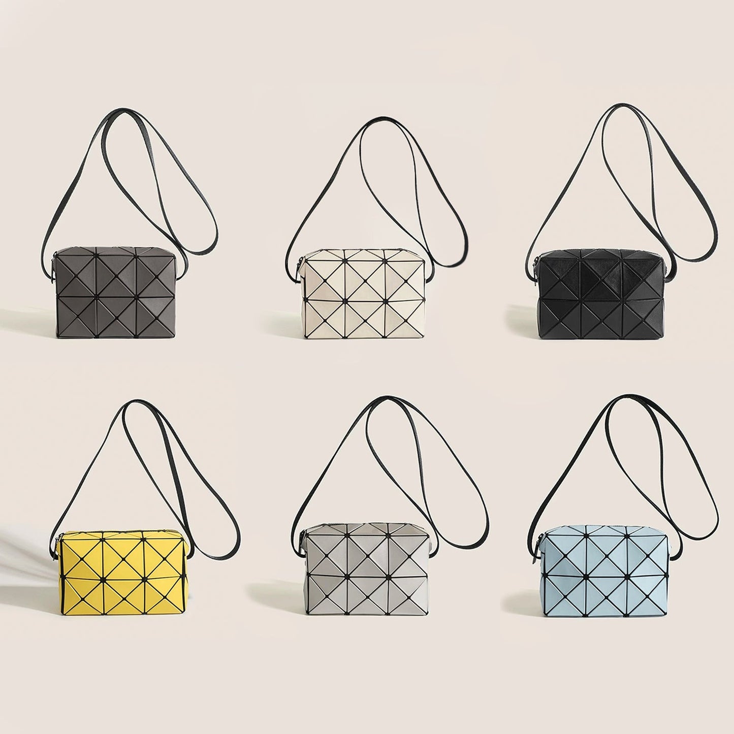 Close-up of GeoChic Crossbody Bag in 6 colors, easy for commuting and weekends.