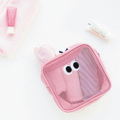 Pink Googly Eyes cube mesh pouch with items visible inside; see-through zip bag for gym or weekend trips.