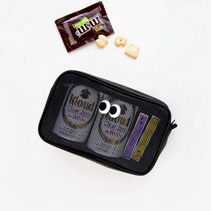 Black Googly Eyes mesh zip bag holding tins and bars; zip organizer for snacks, toiletries, or accessories.