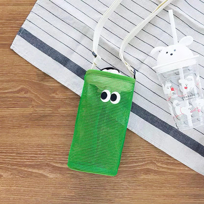 Folded view of Googly Eyes Hollow Water Bottle Bag in green, easy for commuting and weekends.
