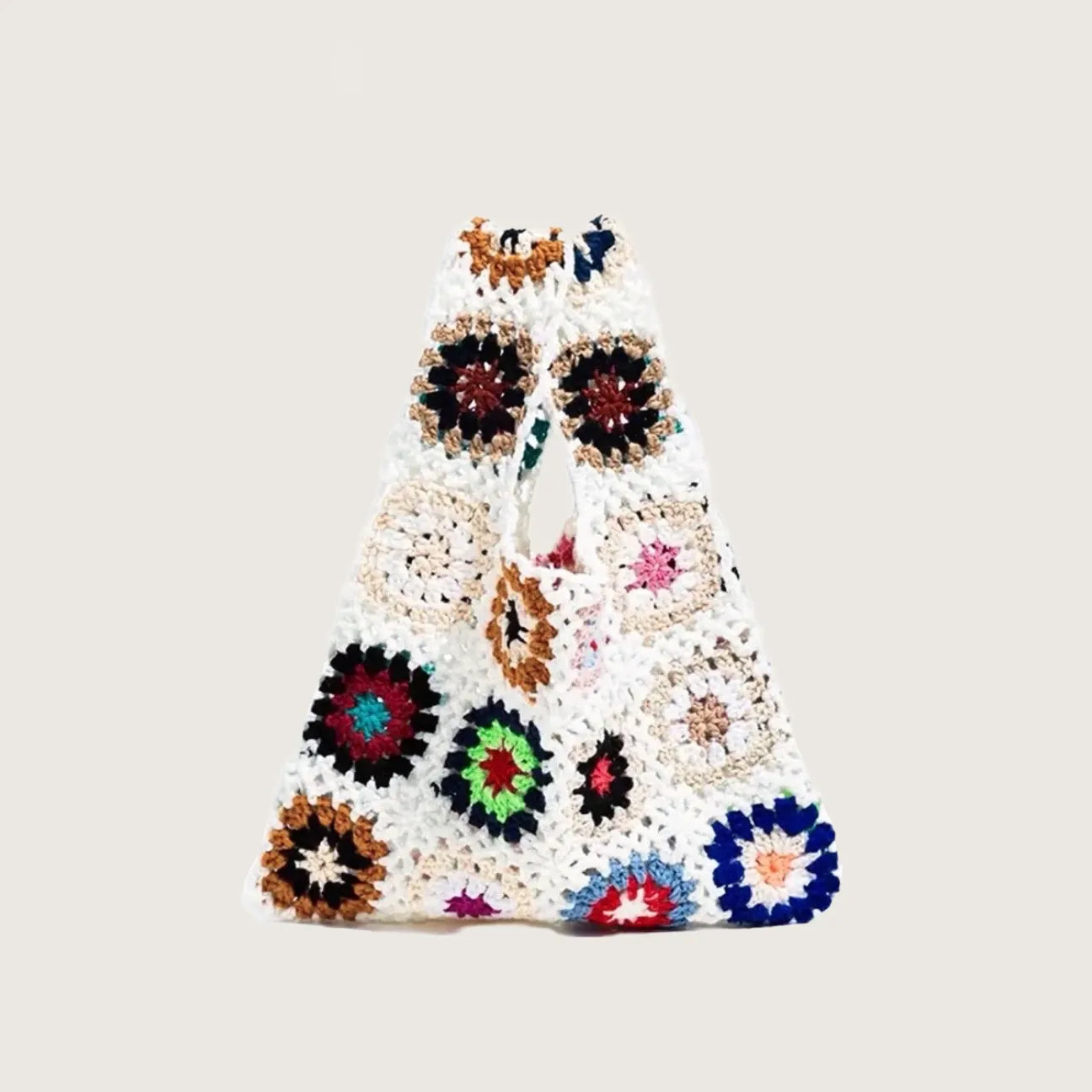 Front view of Handmade Crochet Flower Grid Bag in white, ideal for errands and gifting.
