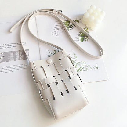 Front view of Hollow Design Woven Leather Crossbody Bag in white, ideal for errands and gifting.