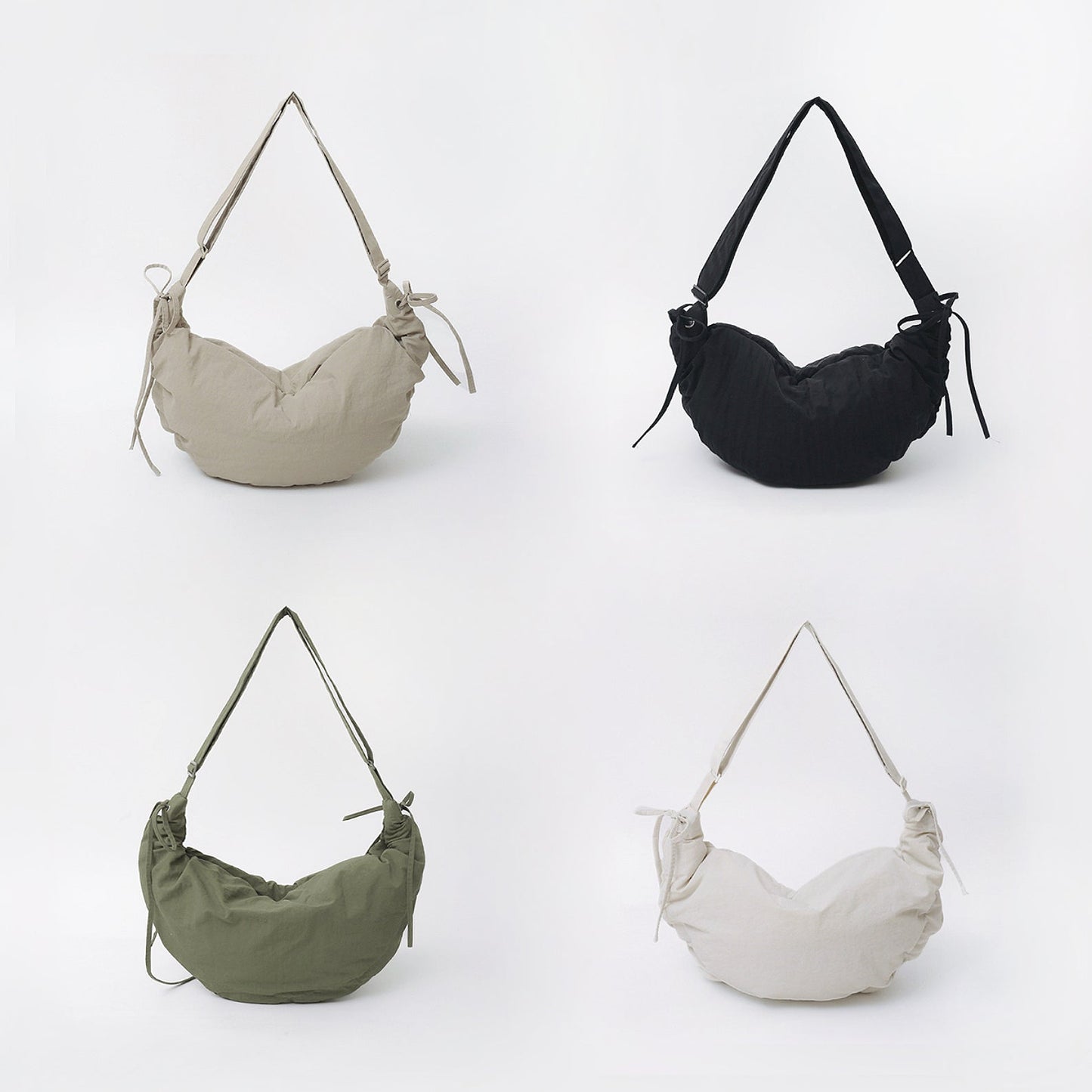 Group display of the mini duvet crescent bag in khaki, black, olive green, and white colors.