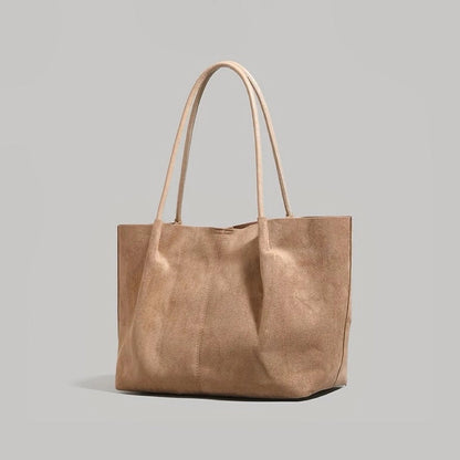 Modern Muse Suede Tote in Khaki - Front view on white background - Large vegan suede carryall.