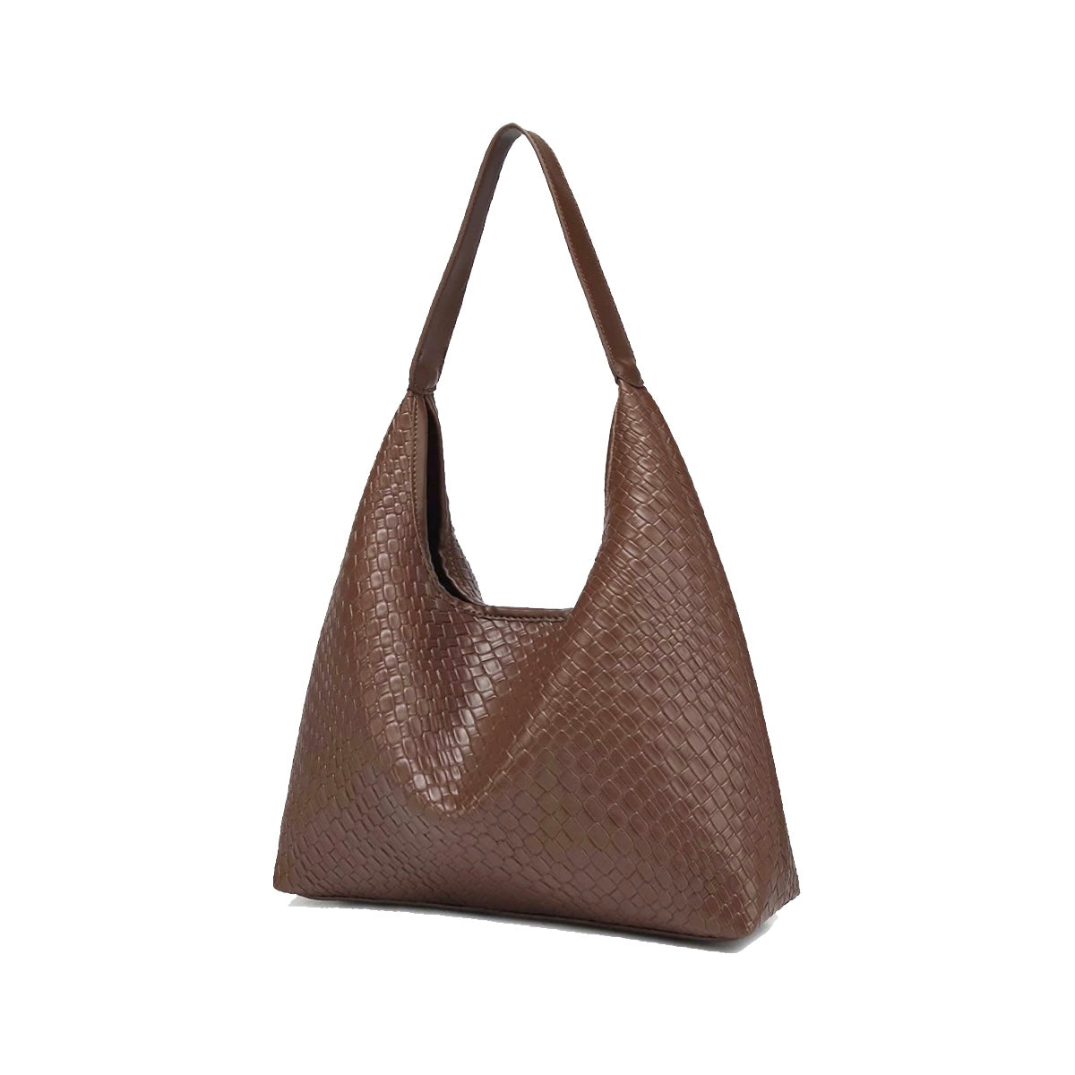 Front view of the deep brown pebble-textured shoulder bag.