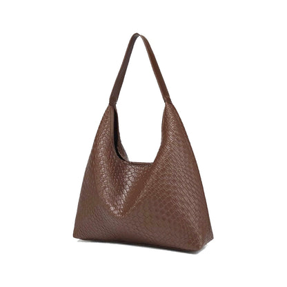 Front view of the deep brown pebble-textured shoulder bag.