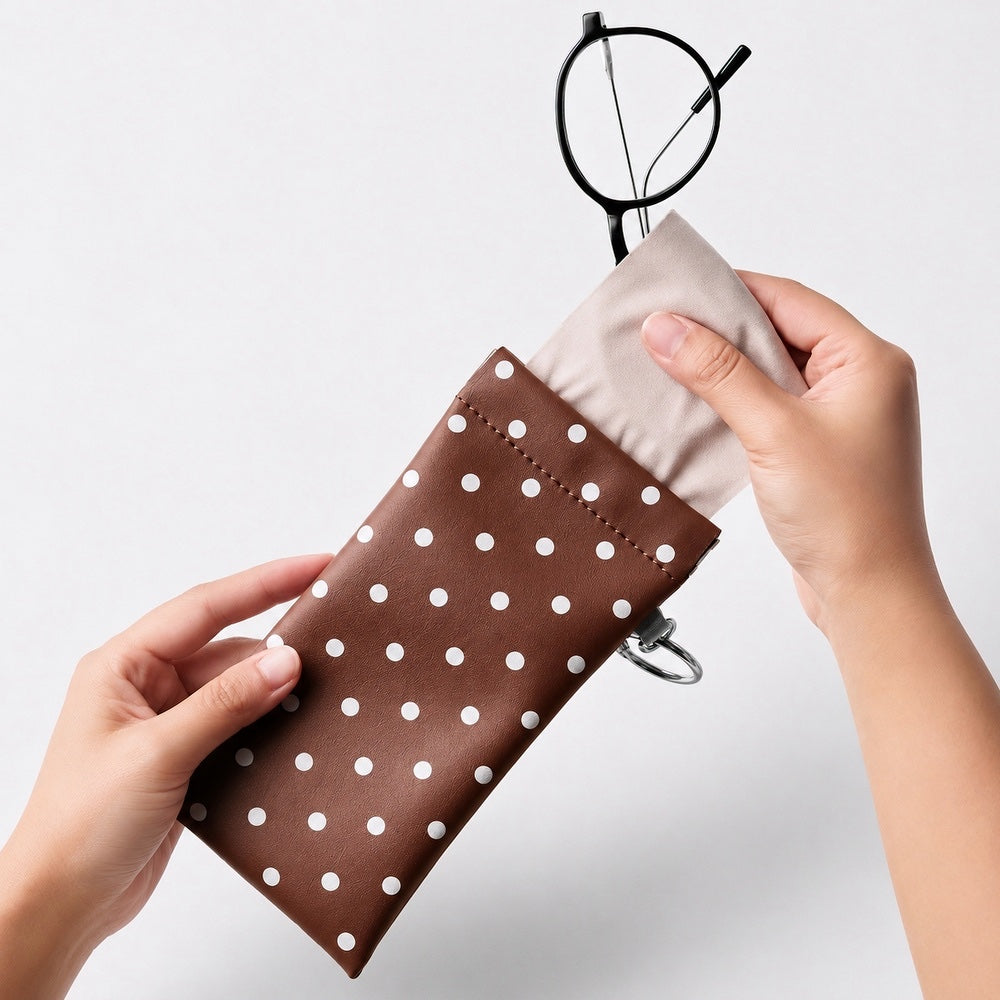 Close-up of hands pulling out the attached soft velvet wiping cloth from inside the brown polka dot sunglass case.