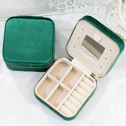 Angled view of Portable Velvet Jewelry Case storage organizer, easy for travel packing and storage.